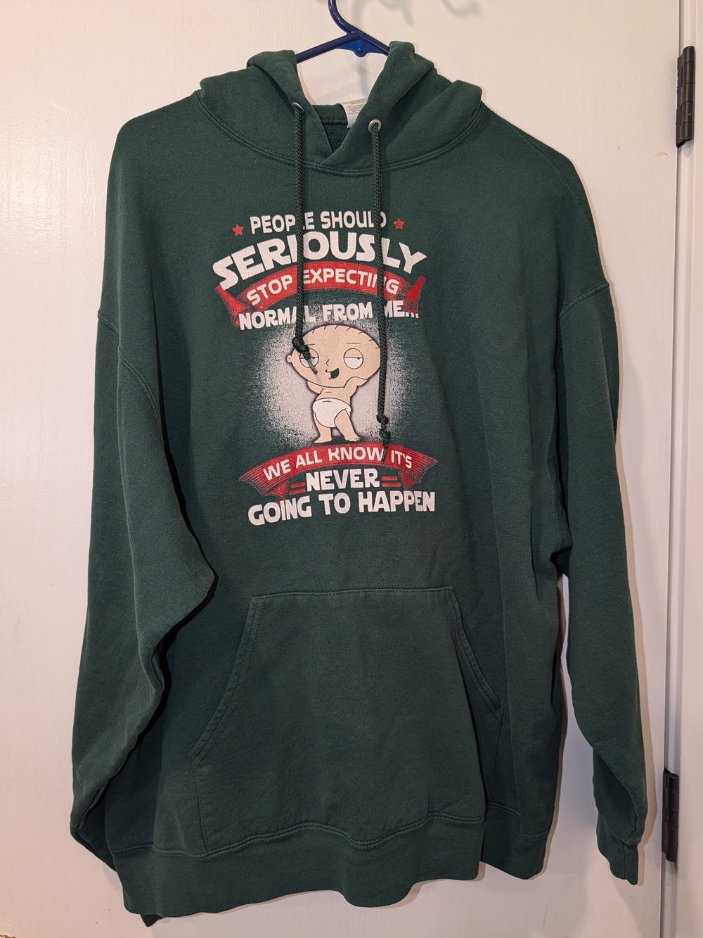 Jerzees Dark Green Pullover Hoodie with Family Guys Stewie Cartoon Graphic